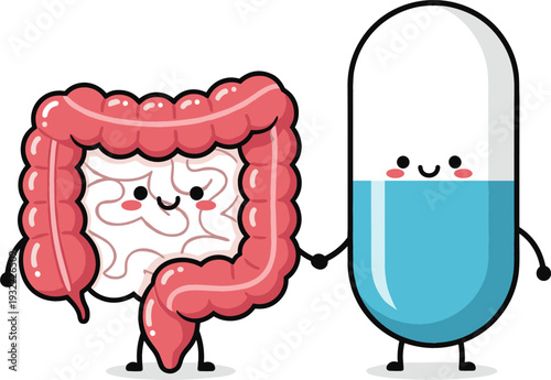 Cute digestive health illustration featuring a smiling personified human intestine character holding hands with a friendly medicine pill
