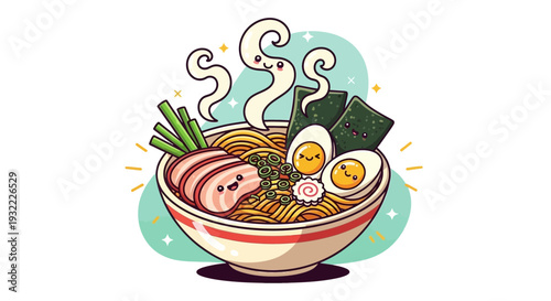Cartoon ramen bowl with smiling ingredients isolated on white background