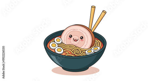 Cartoon ramen bowl with smiling pork and chopsticks on white background