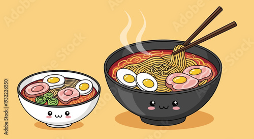 Cartoon ramen bowls with noodles eggs and chopsticks on yellow background