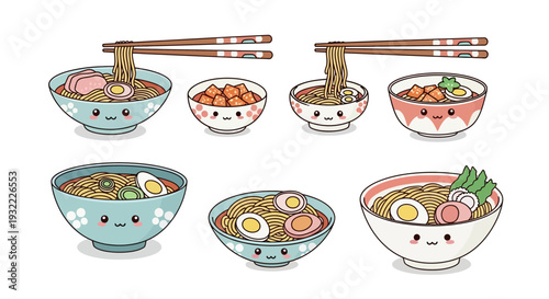 Cartoon ramen bowls with chopsticks and smiling faces illustration