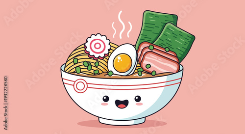 Cartoon ramen bowls with smiling faces and chopsticks on yellow background