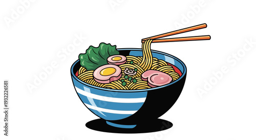 Cartoon ramen noodles bowl illustration with chopsticks and ingredients