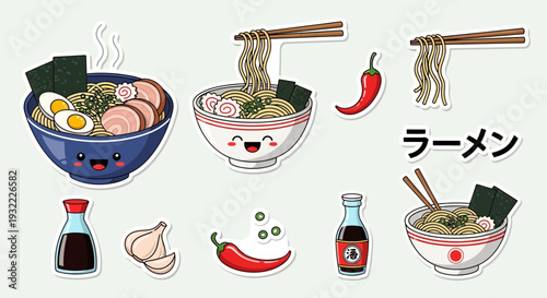 Cartoon ramen noodle bowls with toppings and accessories illustration