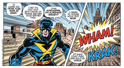 Comic book superhero action scene with dynamic motion and impact sound effects