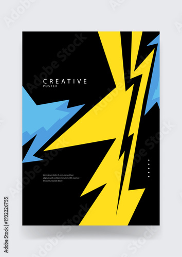 Dynamic high energy poster featuring a large yellow lightning strike silhouette against a black background with blue accents