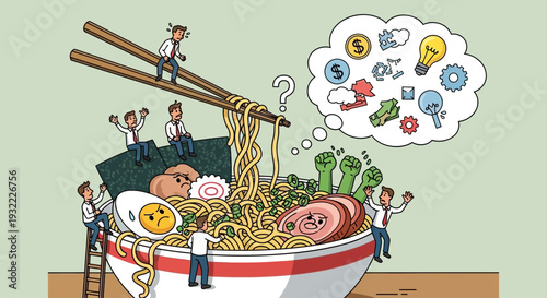Conceptual illustration of business ideas and ramen bowl with figures