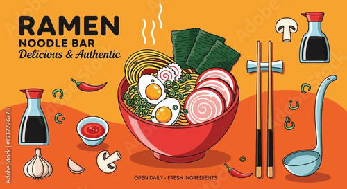 Delicious and authentic ramen noodle bar illustration with fresh ingredients
