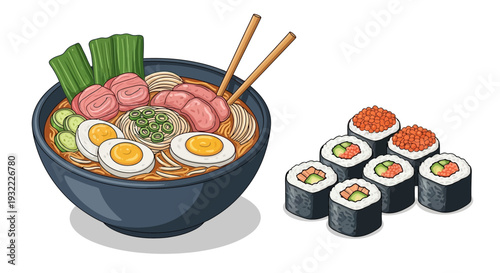 Delicious asian cuisine illustration ramen bowl and sushi rolls isolated