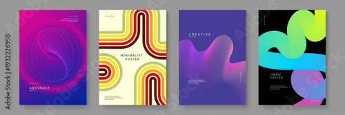 A diverse collection of four posters ranging from 70s retro stripes to modern neon 3D fluid wave shapes