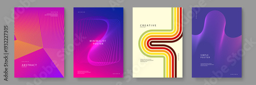 A set of four modern abstract posters featuring vibrant gradients and geometric line patterns for creative design projects
