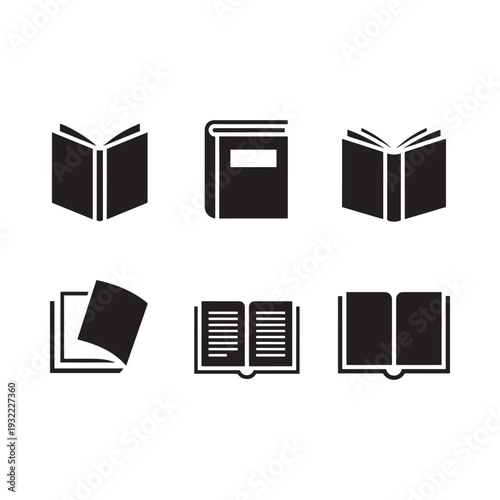 Black and white icons depicting various open and closed books