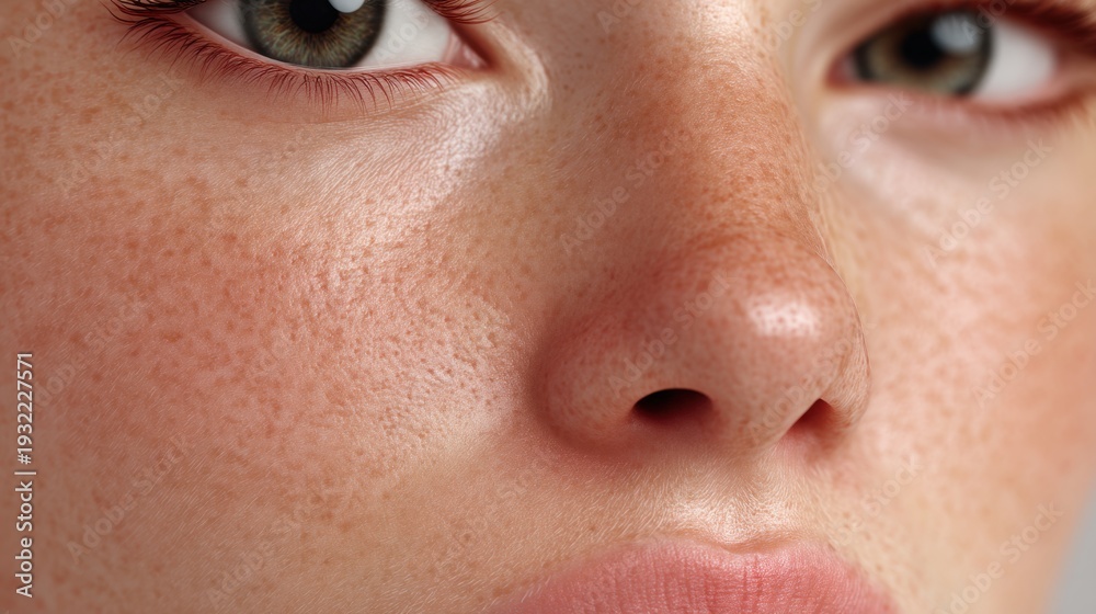 Fototapeta premium Close-up Portrait of a Young Person with Freckles and Expressive Green Eyes on a Soft Background