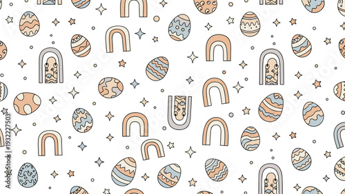 Charming seamless Easter pattern featuring hand-drawn eggs, colorful rainbows, and twinkling stars on a clean white background.