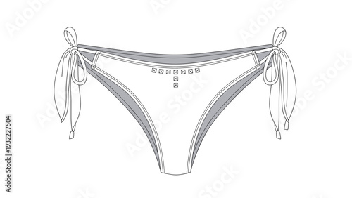 Technical line drawing of a pair of women's bikini bottoms featuring side-tie strings and decorative eyelet details on the front.