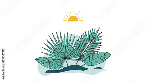 Minimalist tropical illustration showing stylized palm and banana leaves in teal colors against a rising golden sun and soft water shapes.