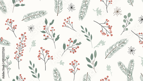 Festive winter botanical pattern featuring red berries, green leaves, and pine branches scattered among delicate snowflake motifs.