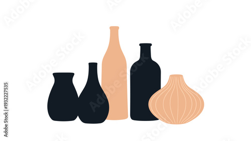 Modern artistic silhouettes of various vase and bottle shapes in black and peach colors arranged together on a white background.