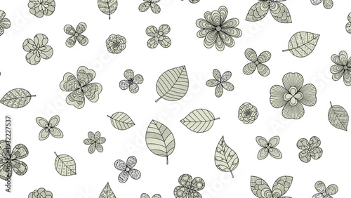 Delicate seamless pattern featuring hand-drawn flowers and leaves with intricate details in a muted green and beige palette.