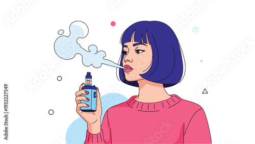 Stylish young woman with blue hair and pink sweater exhaling a cloud of vapor while using an electronic cigarette device outdoors.