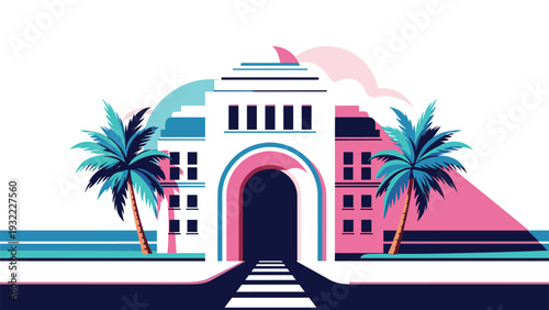 Retro tropical architecture design featuring white buildings and palm trees against a colorful sunset background in vaporwave style.