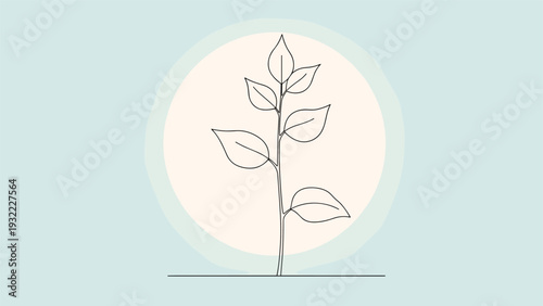 Minimalist botanical illustration of a leafy plant stem created with a single continuous black line on a soft pastel blue background.