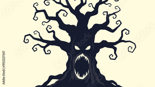 Spooky halloween monster tree with a terrifying screaming face and twisted branches against a pale yellow eerie background scene.