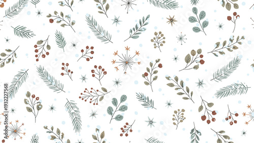 Winter themed seamless pattern featuring delicate pine needles berries and snowflakes on a clean white background for holiday decor.