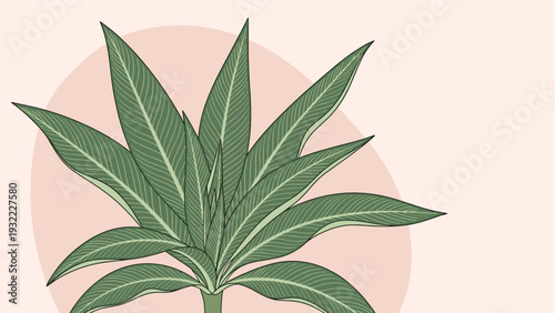 Vibrant green tropical plant leaves depicted in a detailed engraving style placed over a soft pink circular background element.