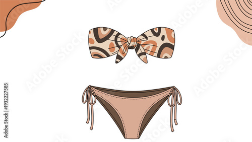 Fashionable leopard print bikini set including a bandeau top with a front knot and matching side tie bottoms on a minimalist background.