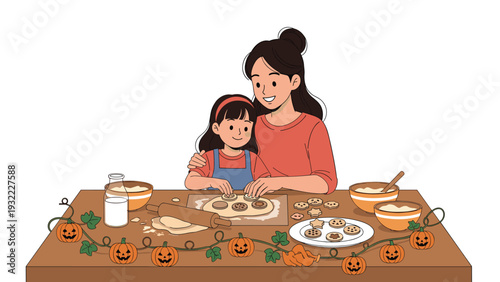 Happy mother and daughter baking pumpkin shaped halloween cookies together in a warm kitchen decorated with festive autumn garlands.
