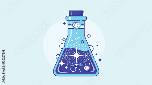 Magical blue potion bottle containing sparkling liquid and celestial symbols surrounded by diamonds on a soft light blue background.