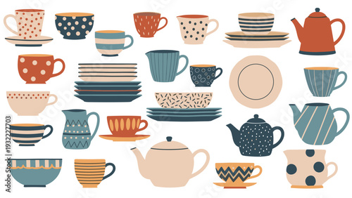Comprehensive collection of hand-drawn kitchenware items including colorful teapots, cups, saucers, and plates with various stylish patterns.