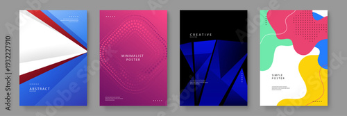 A professional collection of four abstract posters featuring geometric blue triangles magenta halftone dots creative dark polygons and colorful organic liquid shapes for modern branding