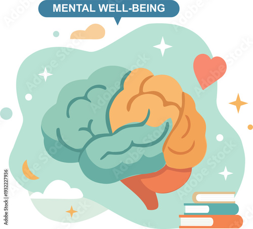 Mental well-being concept with a colorful human brain illustration. Vector design for mental health awareness, psychology, self-care, and emotional intelligence with heart and book icons
