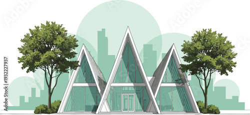 Modern A-frame glass building architectural sketch with green trees and city skyline for sustainable urban development design