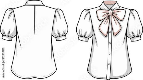 Girls blouse back view illustration with puff sleeves and soft pink bow, children fashion flat design isolated on white