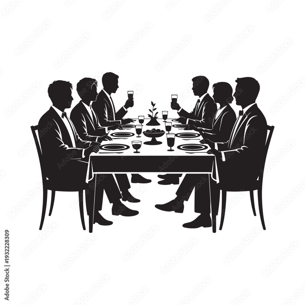 Obraz premium A formal dinner party with eight people seated around a long table