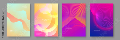 Collection of four colorful abstract posters featuring fluid gradients wavy lines and circular geometric shapes for modern branding and event promotion