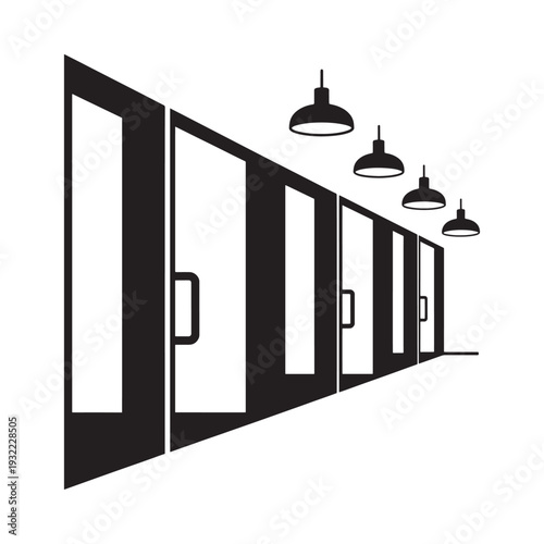 A black and white illustration of a corridor with doors and hanging lights