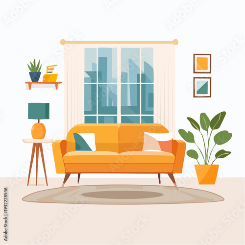 Cozy modern living room interior with a vibrant yellow sofa and city skyline view through a large window