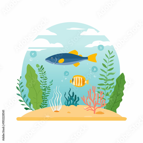 Vibrant underwater ecosystem with diverse marine life, featuring colorful fish and intricate aquatic plants