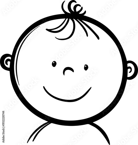 Adorable baby face with smiling expression in simple line art