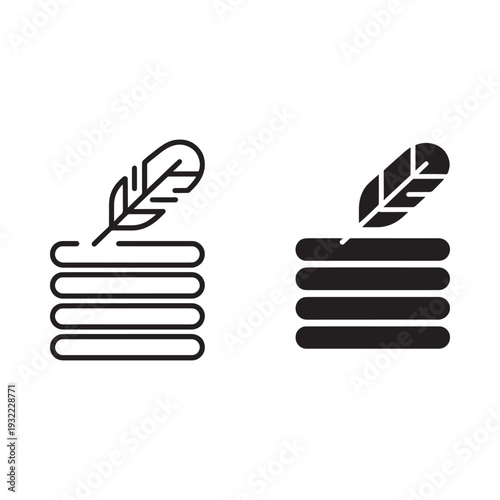 Black and white illustration of books with a feather two versions shown