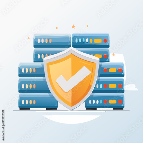 Secure data storage and network security concept with shield and servers