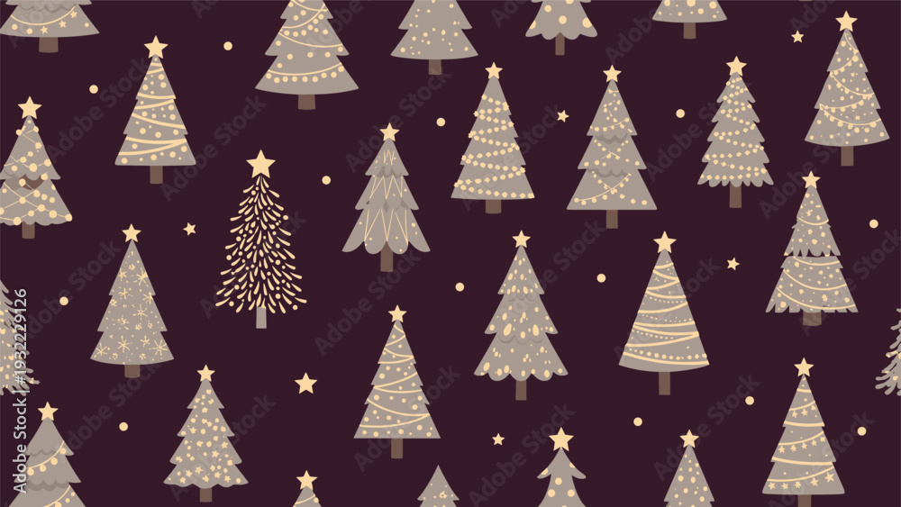 Obraz premium Festive seamless pattern showcases various styles of decorated christmas trees and golden stars on a dark chocolate brown background.