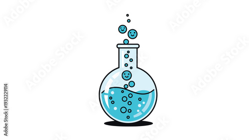 Cute illustration of a laboratory flask contains a blue bubbling liquid with smiling faces on the bubbles for a fun scientific theme.