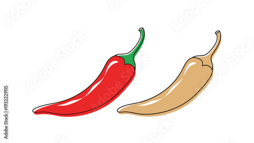 Pair of chili peppers includes one bright red pepper and one tan pepper silhouette with thin black outlines for a culinary design.