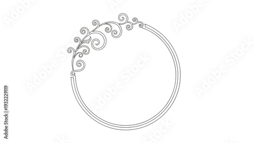 Elegant circular frame features a delicate swirling vine and leaf motif on the upper left side perfect for invitations and branding.