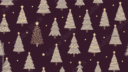 Festive seamless pattern showcases various styles of decorated christmas trees and golden stars on a dark chocolate brown background.